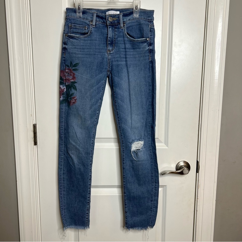 LOFT Floral Skinny Jeans Raw Hem Ankle Denim Size 25 - Picture 3 of 13